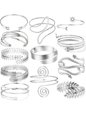 12 Pcs Boho Arm Cuff Bracelets Set for Women - Leather Feather Bangles & Bands